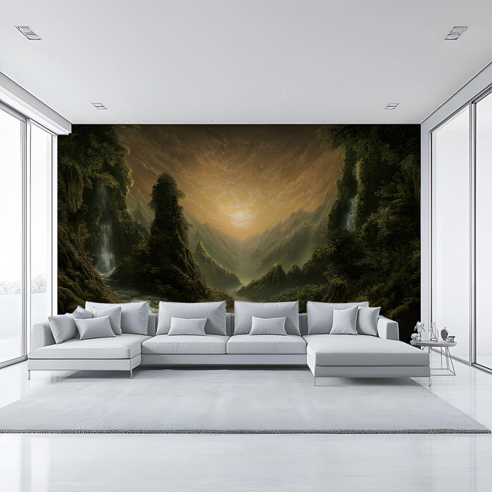 A cozy hallway with a mountain valley mural behind a dark wood bed frame.