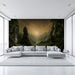 A cozy hallway with a mountain valley mural behind a dark wood bed frame.