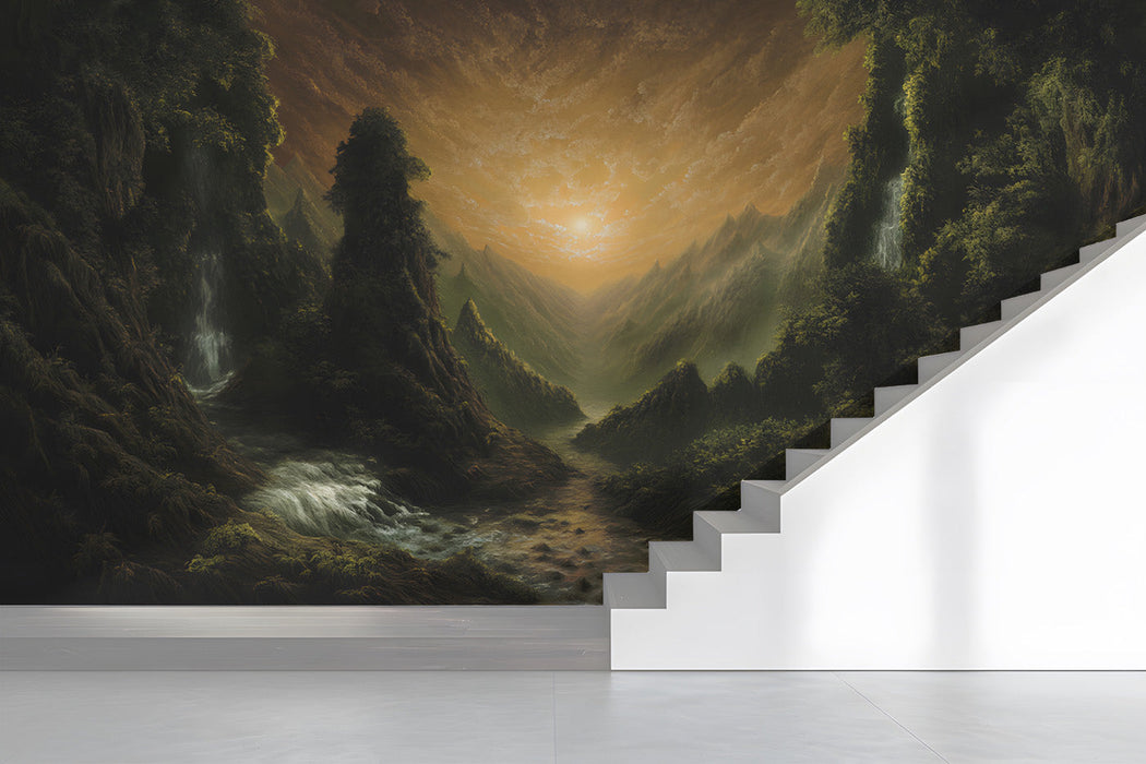 A formal exhibition featuring a grand landscape wall mural above a velvet sofa.