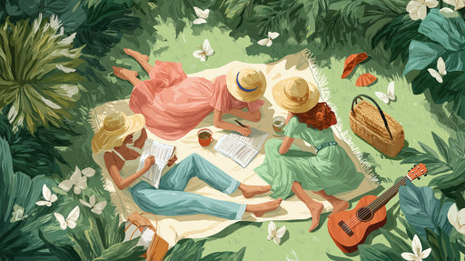 Painterly illustration of three people having a picnic in a lush green meadow with butterflies
