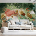 Garden scene wallpaper in a creative living room with soft natural sunlight