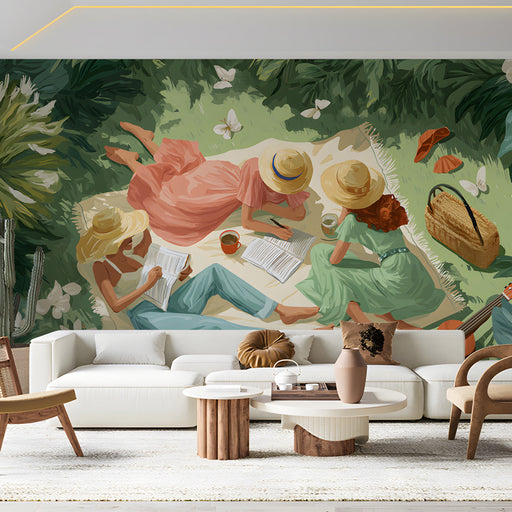 Summer picnic meadow wallpaper installed in a bright living room with wooden furniture