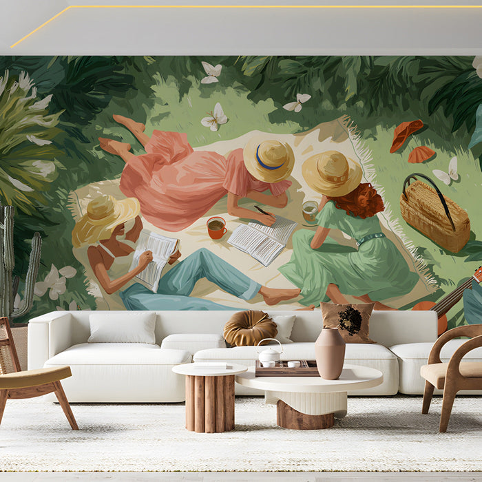 Summer picnic meadow wallpaper installed in a bright living room with wooden furniture