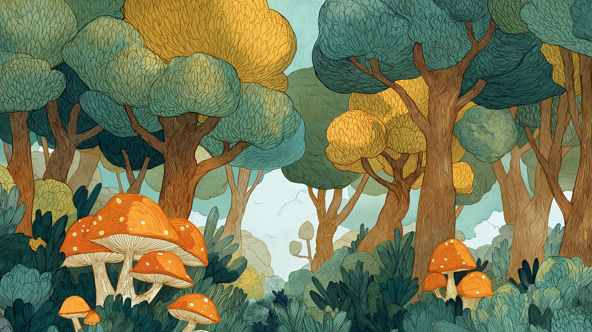 Whimsical forest illustration featuring burnt orange mushrooms under teal and ochre yellow tree canopies