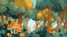 Whimsical forest illustration featuring burnt orange mushrooms under teal and ochre yellow tree canopies