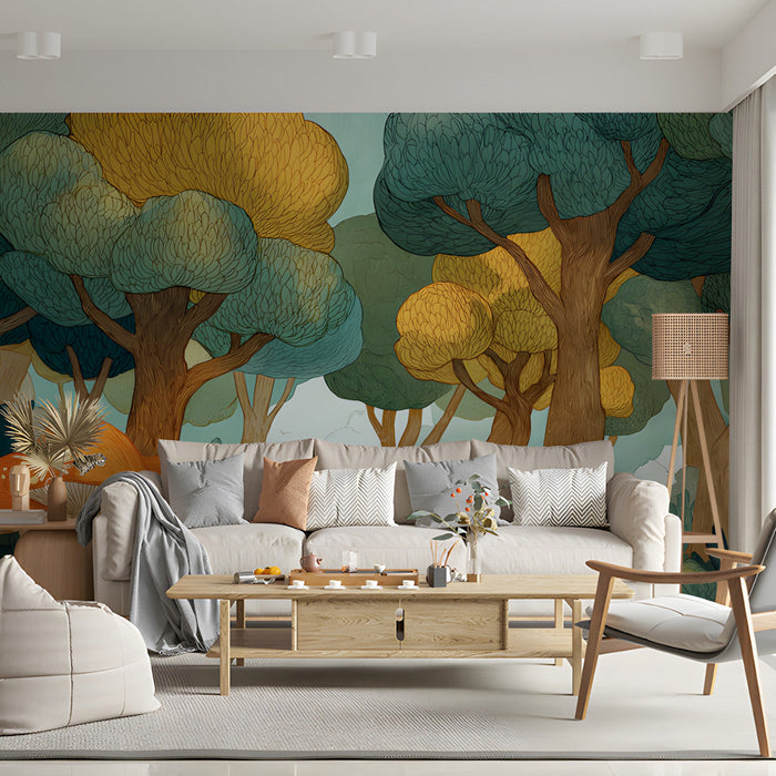 Nature-inspired living room wallpaper featuring stylized trees and mushrooms in a bright, airy space