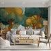 Nature-inspired living room wallpaper featuring stylized trees and mushrooms in a bright, airy space