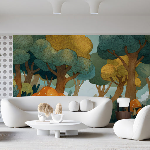 Forest mushroom mural installed as a playful focal point in a hallway with wooden crib