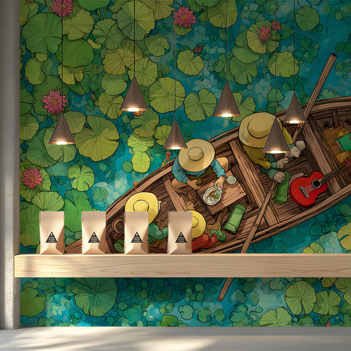 Illustration of a boat on a lily pad pond mural featured in a shop