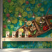 Illustration of a boat on a lily pad pond mural featured in a shop