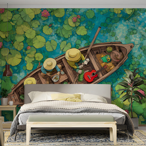 Whimsical lotus pond wall mural installed in a brightly lit bedroom with a wooden armchair