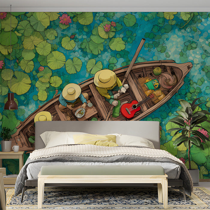 Whimsical lotus pond wall mural installed in a brightly lit bedroom with a wooden armchair