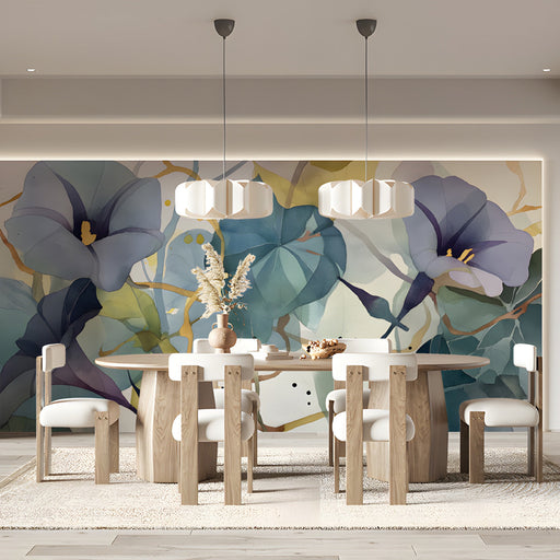A contemporary meeting room with delicate morning glory mural wallpaper and gold hardware.