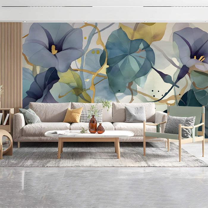 A bright living room featuring a watercolor morning glory mural behind a neutral linen headboard.