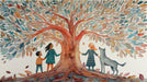 A hand-drawn mural featuring an expansive tree with colorful teal and terracotta leaves, sheltering children and a wolf.