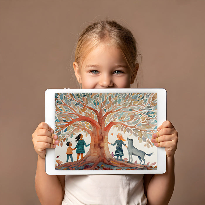 A cozy reading nook featuring the folkloric tree illustration as a backdrop, creating a magical atmosphere.
