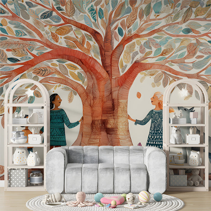 A playroom with the tree mural providing a gentle, artistic focus behind a simple white headboard.
