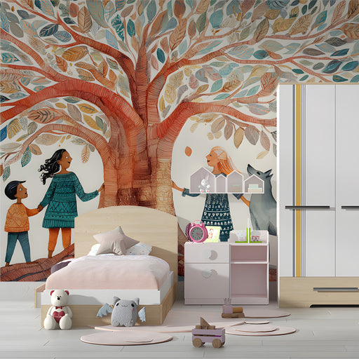A whimsical nursery bedroom with the storybook tree mural on the main wall, complemented by light oak furniture.