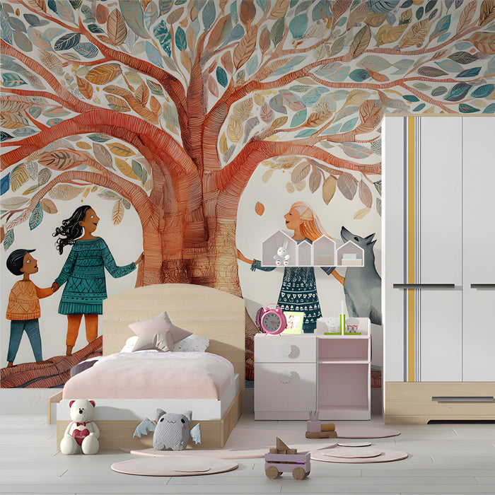 A whimsical nursery bedroom with the storybook tree mural on the main wall, complemented by light oak furniture.