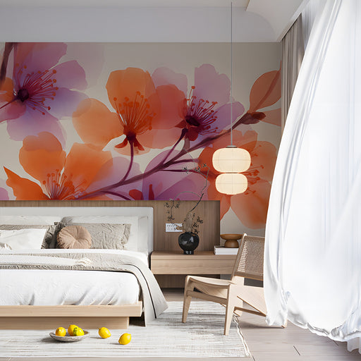 Soft floral mural background in a light-filled bedroom workspace