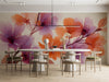 Floral mural wallpaper in a bright, airy meeting room with wooden furniture