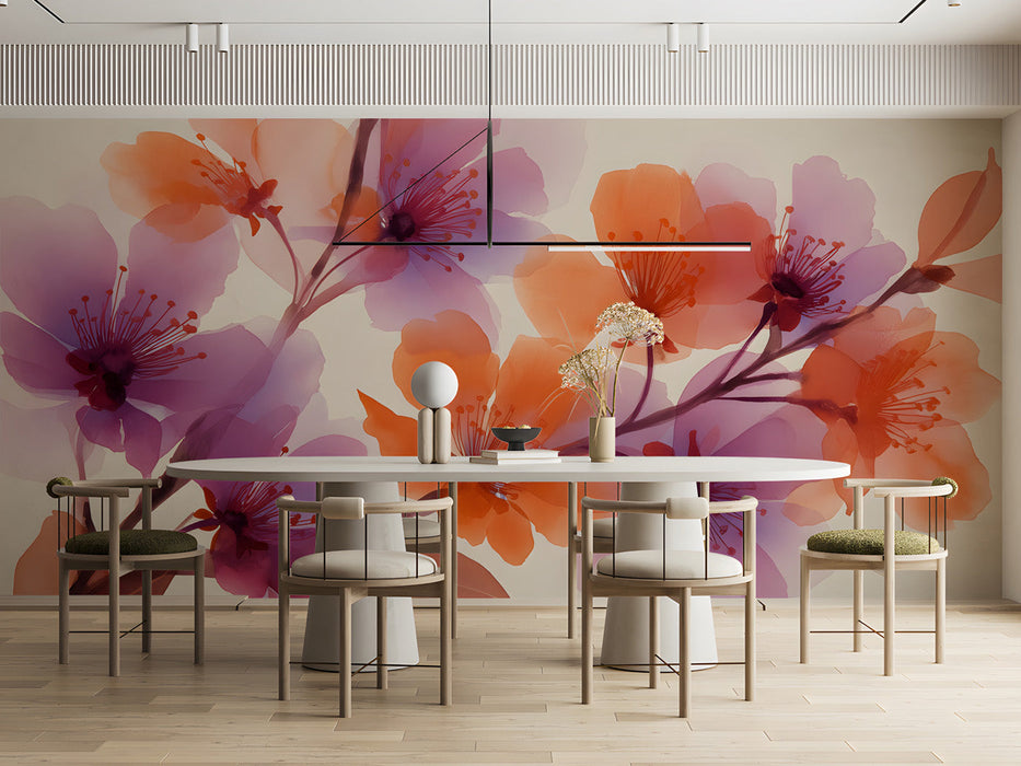 Floral mural wallpaper in a bright, airy meeting room with wooden furniture