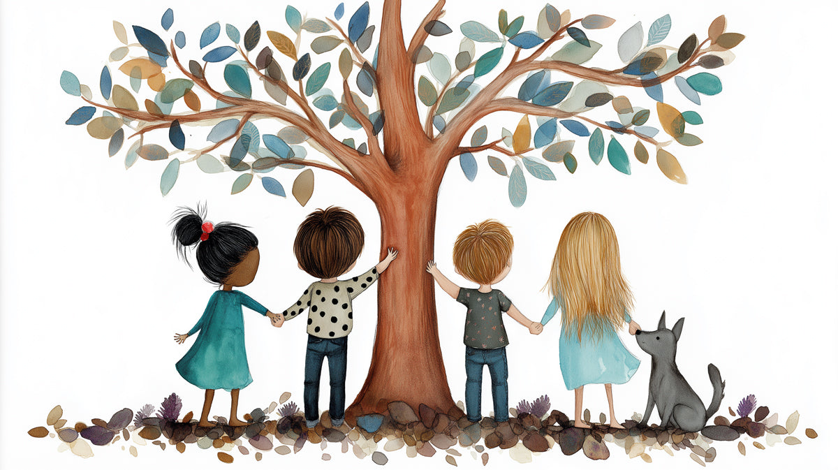 Hand-drawn mural of four children holding hands under a large stylized tree with teal and navy leaves on a white background