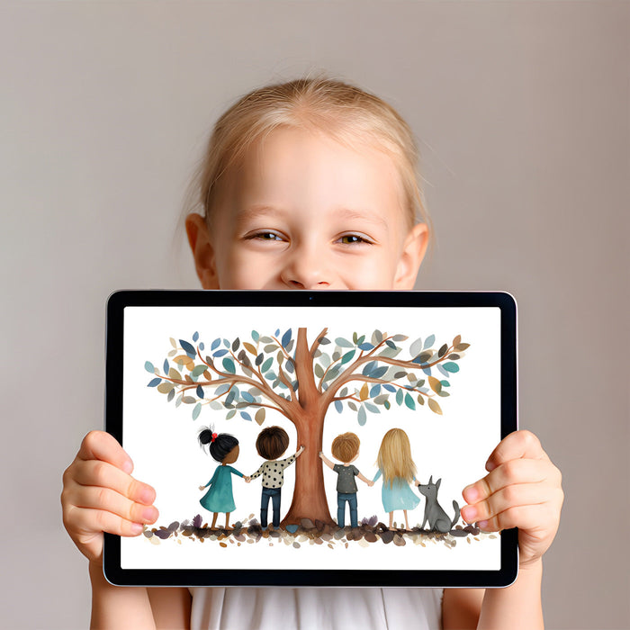 Playroom interior with a whimsical hand-drawn tree mural as the focal point behind a toy storage unit