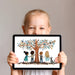Playroom interior with a whimsical hand-drawn tree mural as the focal point behind a toy storage unit