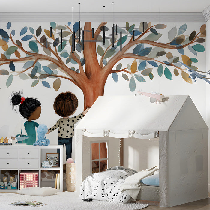 Bedroom wall featuring an illustrated tree and children mural with a neutral color scheme