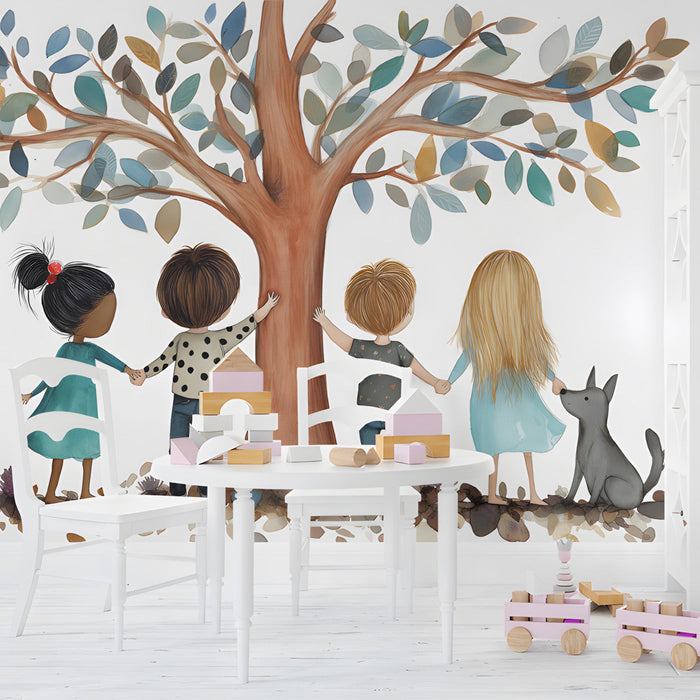 Kids room wall mural featuring a children and tree illustration above a cozy nursery