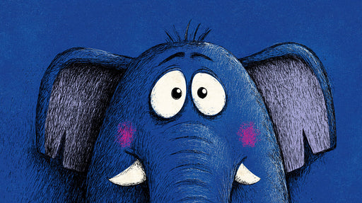 A whimsical blue elephant character illustration with hand-drawn charcoal textures on a dark blue background.