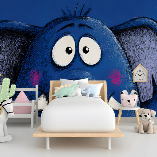 A playful kids bedroom featuring a blue elephant mural as a statement wall behind a bed.