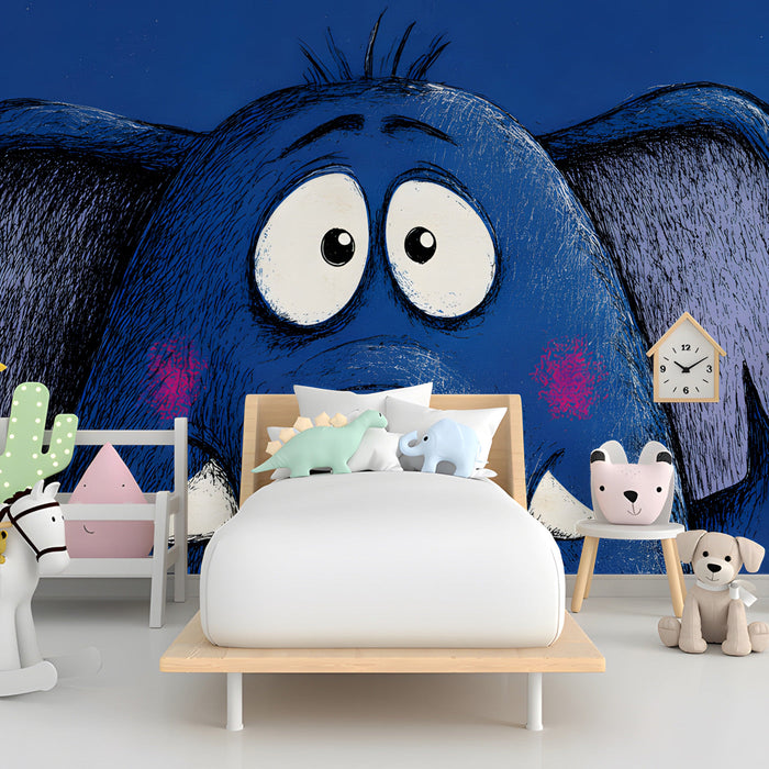 A playful kids bedroom featuring a blue elephant mural as a statement wall behind a bed.
