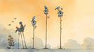 Whimsical illustration mural showing a reader on a tall chair with birdhouses, blue birds, and a warm sunset gradient.