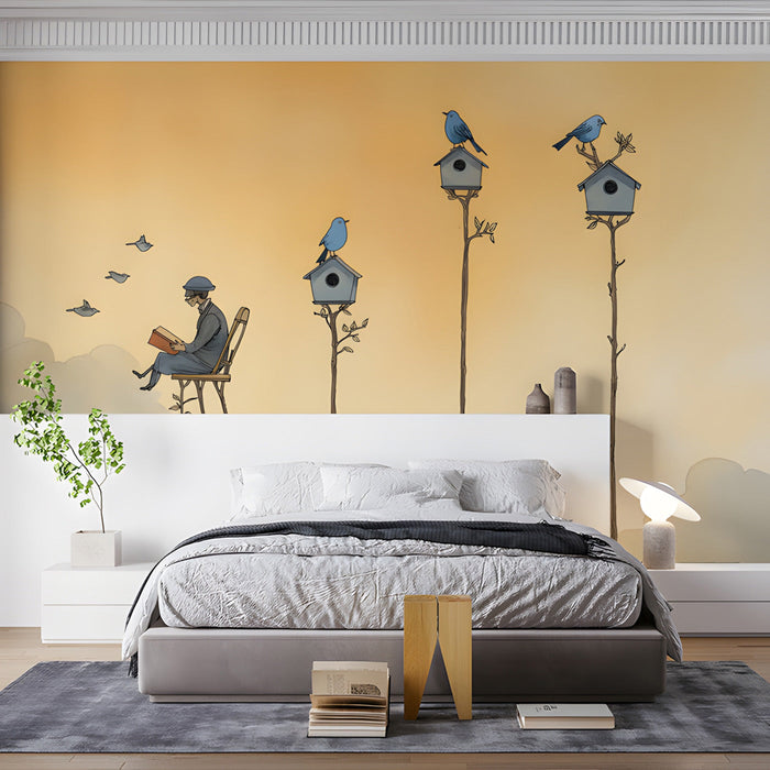 A light-filled reading nook featuring the birdhouse wall mural and a comfortable armchair.