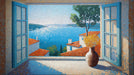 Mediterranean window view mural wallpaper with mosaic tile pattern in blue, terracotta, and gold.