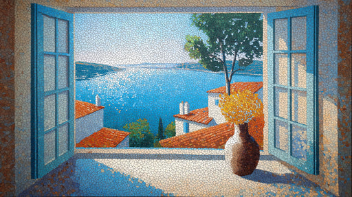 Mediterranean window view mural wallpaper with mosaic tile pattern in blue, terracotta, and gold.