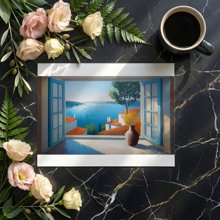 Sunlit dining room featuring a Mediterranean seaside window mural wallpaper design.