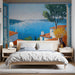 Bedroom wall decorated with a vibrant mosaic style seaside window mural.