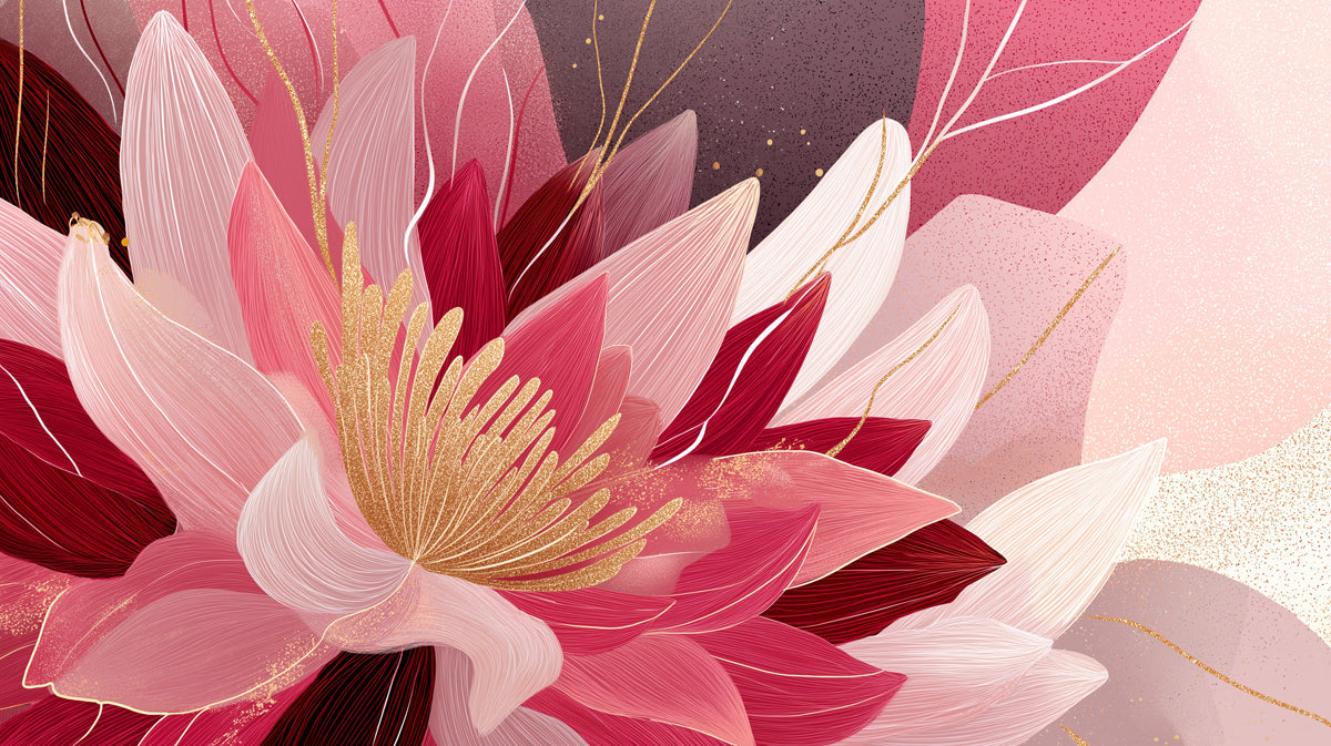 Abstract macro floral wall mural with layered petals in shades of pink, berry, and gold lines.