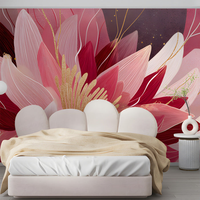 A modern bedroom space decorated with elegant abstract flower wallpaper in warm pink tones.