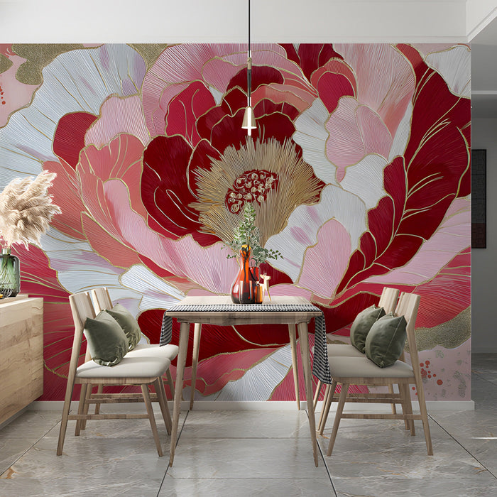 Floral wall mural installed behind a minimalist dining table with warm wood accents