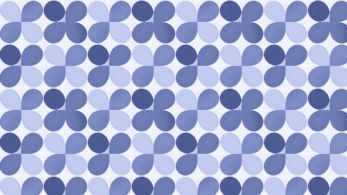 Retro geometric pattern with periwinkle blue rounded petals and stippled texture on white