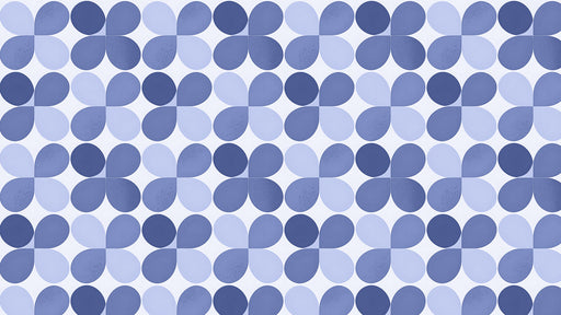 Retro geometric pattern with periwinkle blue rounded petals and stippled texture on white