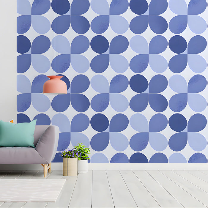 Cozy entryway wall decorated with a light blue repeating petal pattern