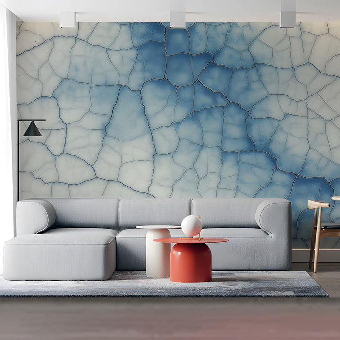 Modern living room with a crackled blue ceramic mural and clean white fixtures