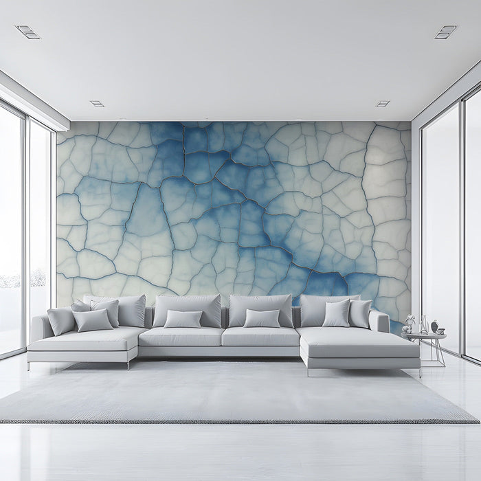 Living room featuring an abstract blue crackle mural on the main feature wall