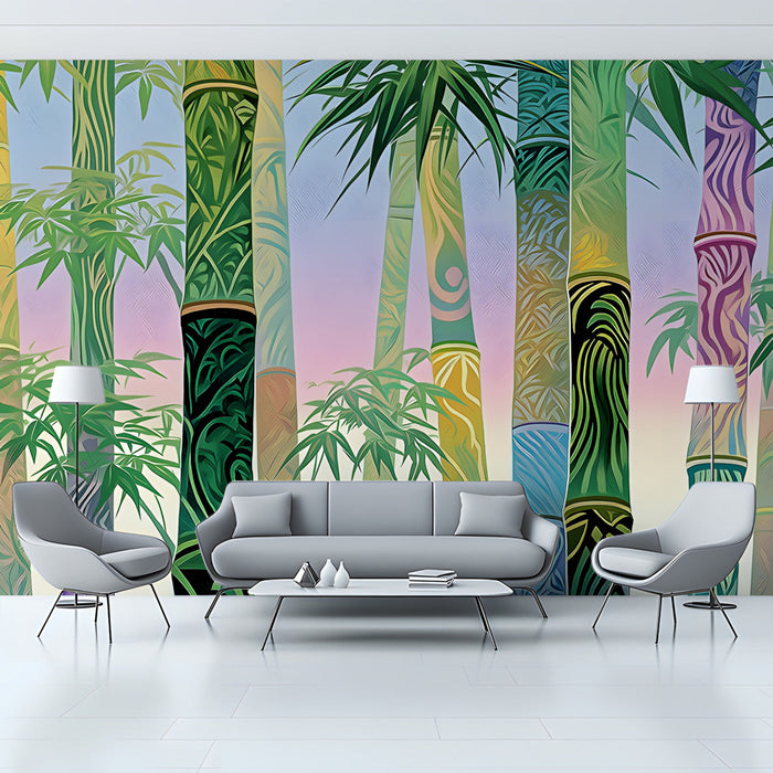 A bright living room featuring the bamboo mural behind a wooden headboard and neutral bedding.