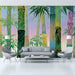A bright living room featuring the bamboo mural behind a wooden headboard and neutral bedding.